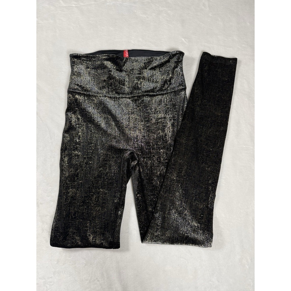 Spanx Velour Metallic Leggings Womens Small Black Gold Shimmer High Rise Party